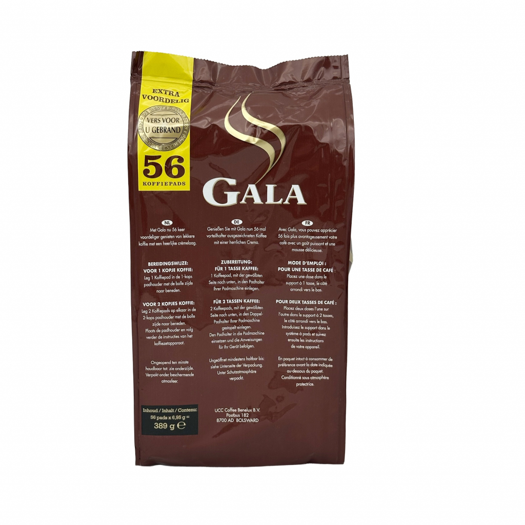 Achterkant van een zak koffie met 56 pads van het merk Gala Dark Roast