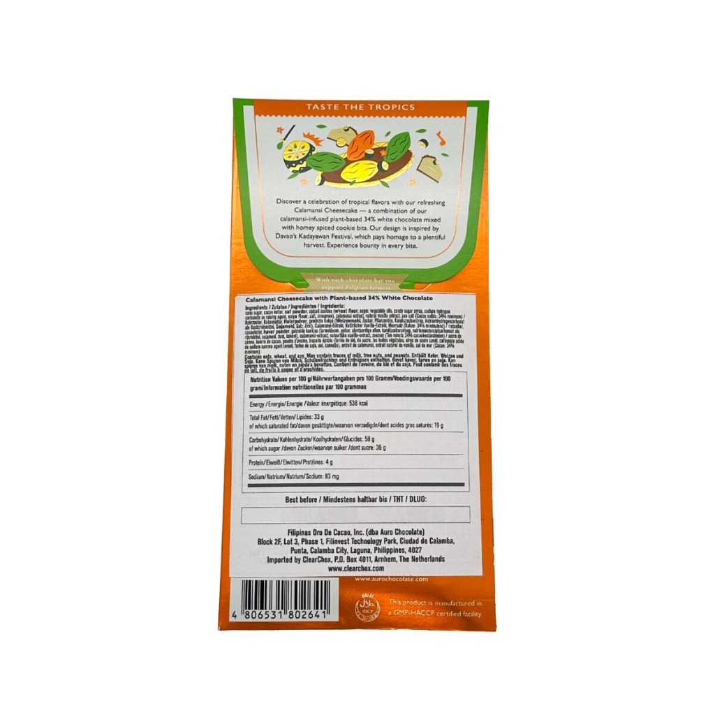 Zadní strana obalu čokoládové tyčinky s příchutí calamansi cheesecake značky Auro