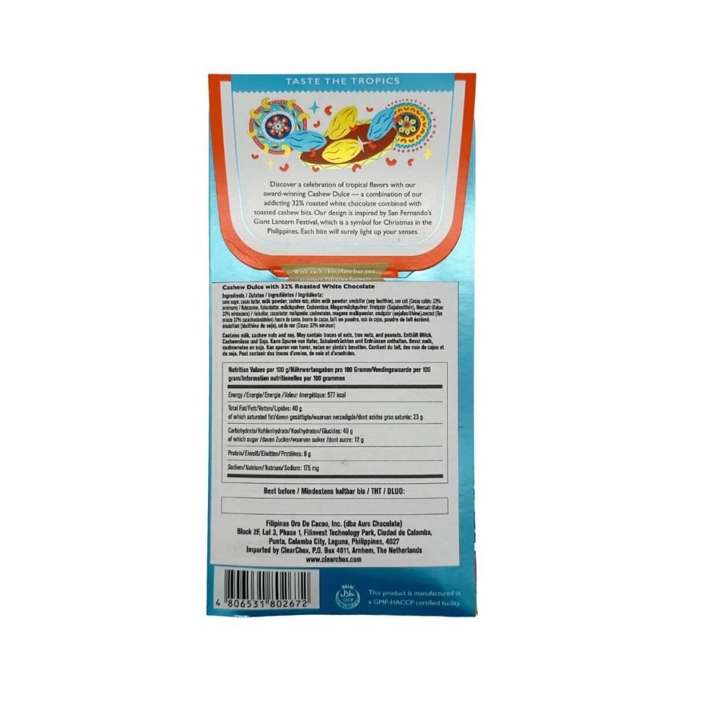 De achterkant obalu čokoládové tyčinky s příchutí kešu dulce značky Auro