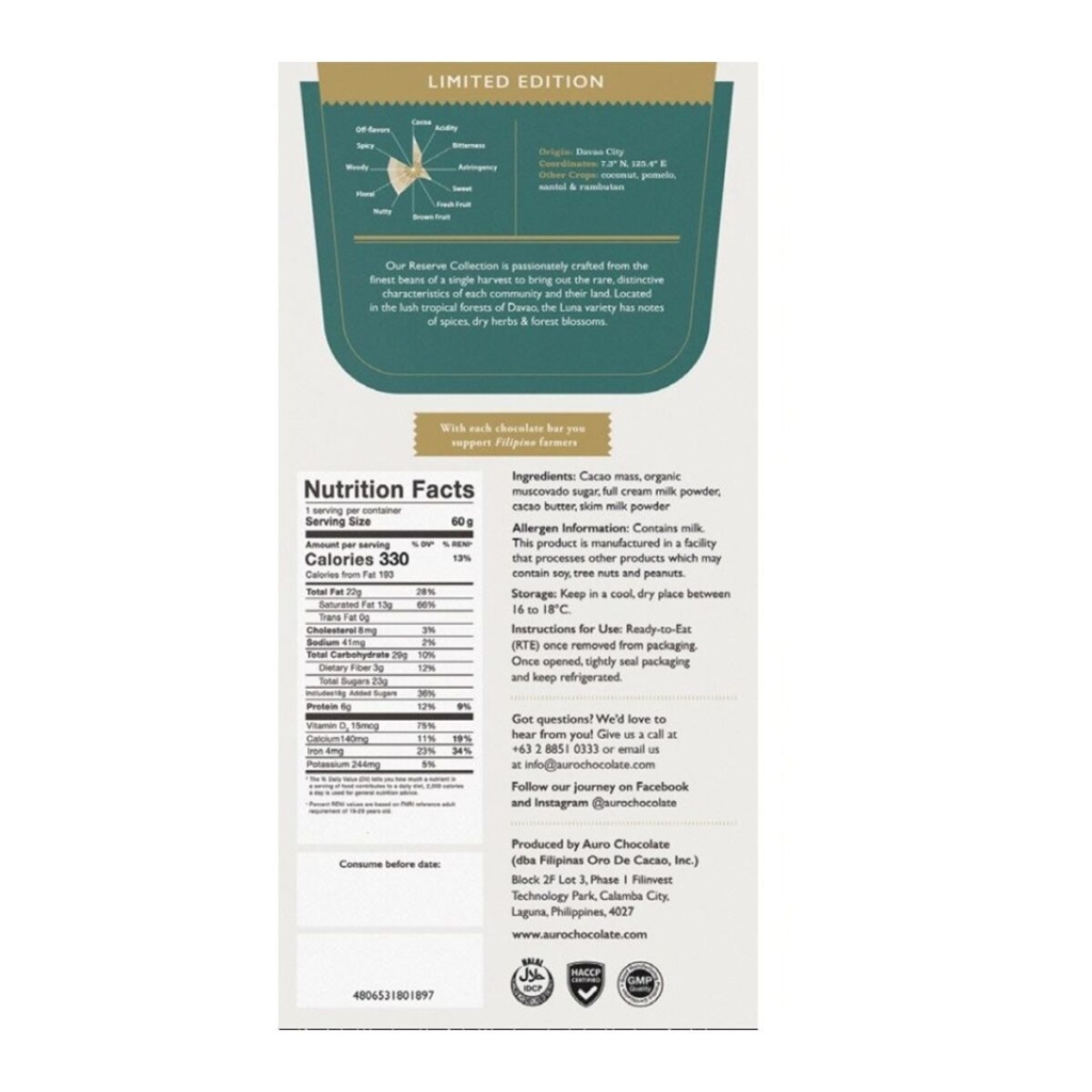Tabulka tmavé mléčné čokolády s příchutí Luna od značky Auro