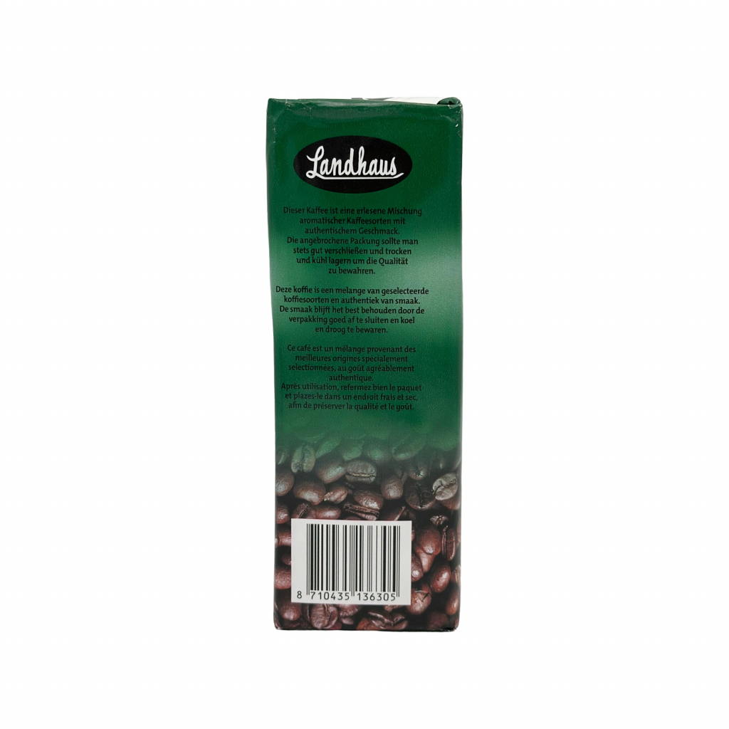 Zijkant van een 500 gram pak gemalen filterkoffie van het merk Landhaus Klassisch 