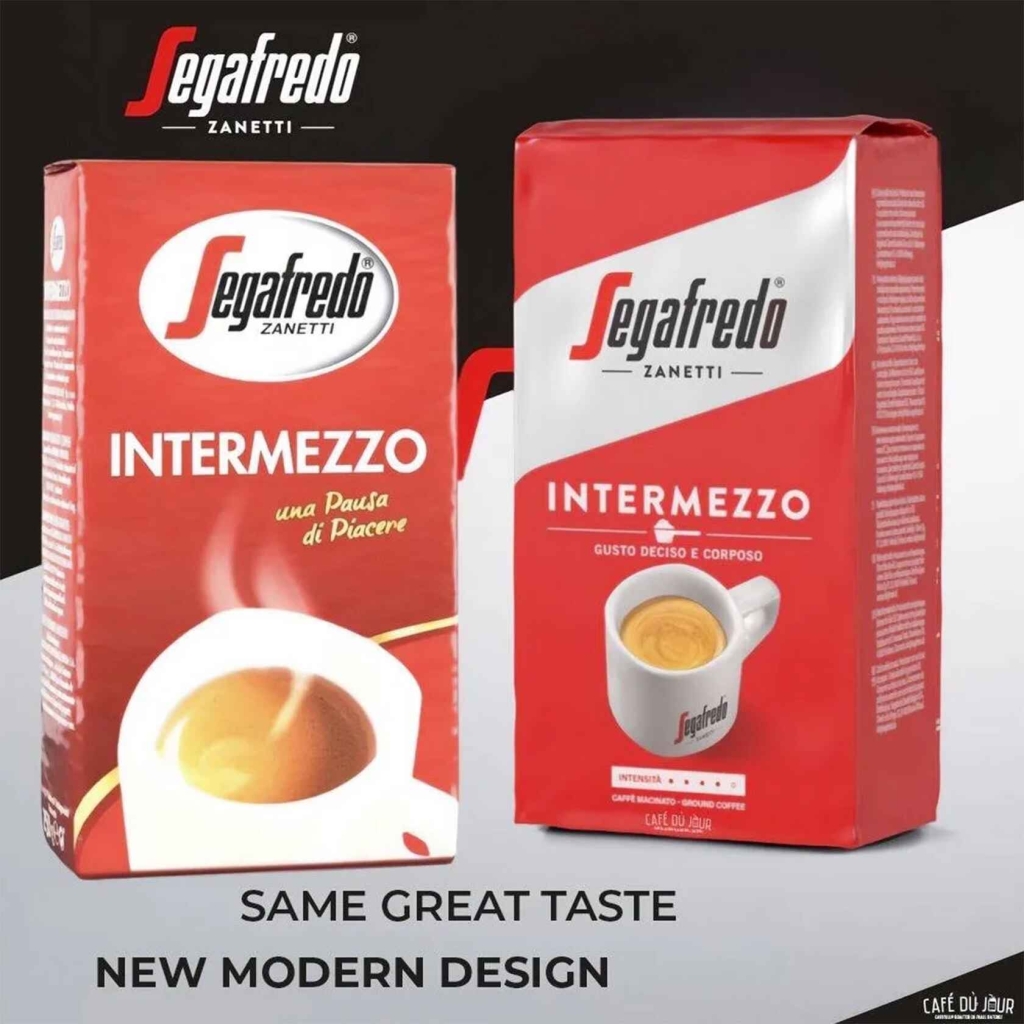 Nieuwe verpakking van een kilo zak koffiebonen Segafredo Intermezzo