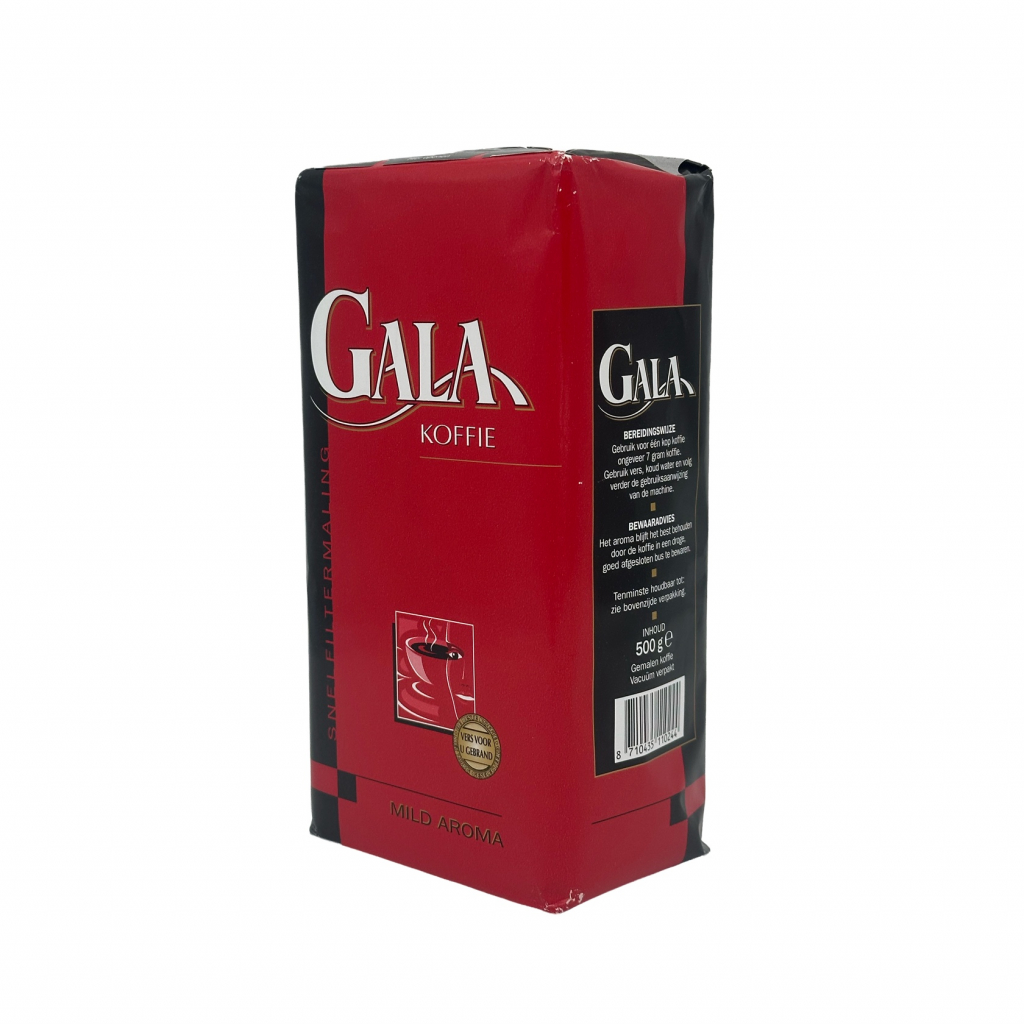 Voor- en zijkant van een 500 gram pak gemalen filterkoffie van het merk Gala Mild Aroma