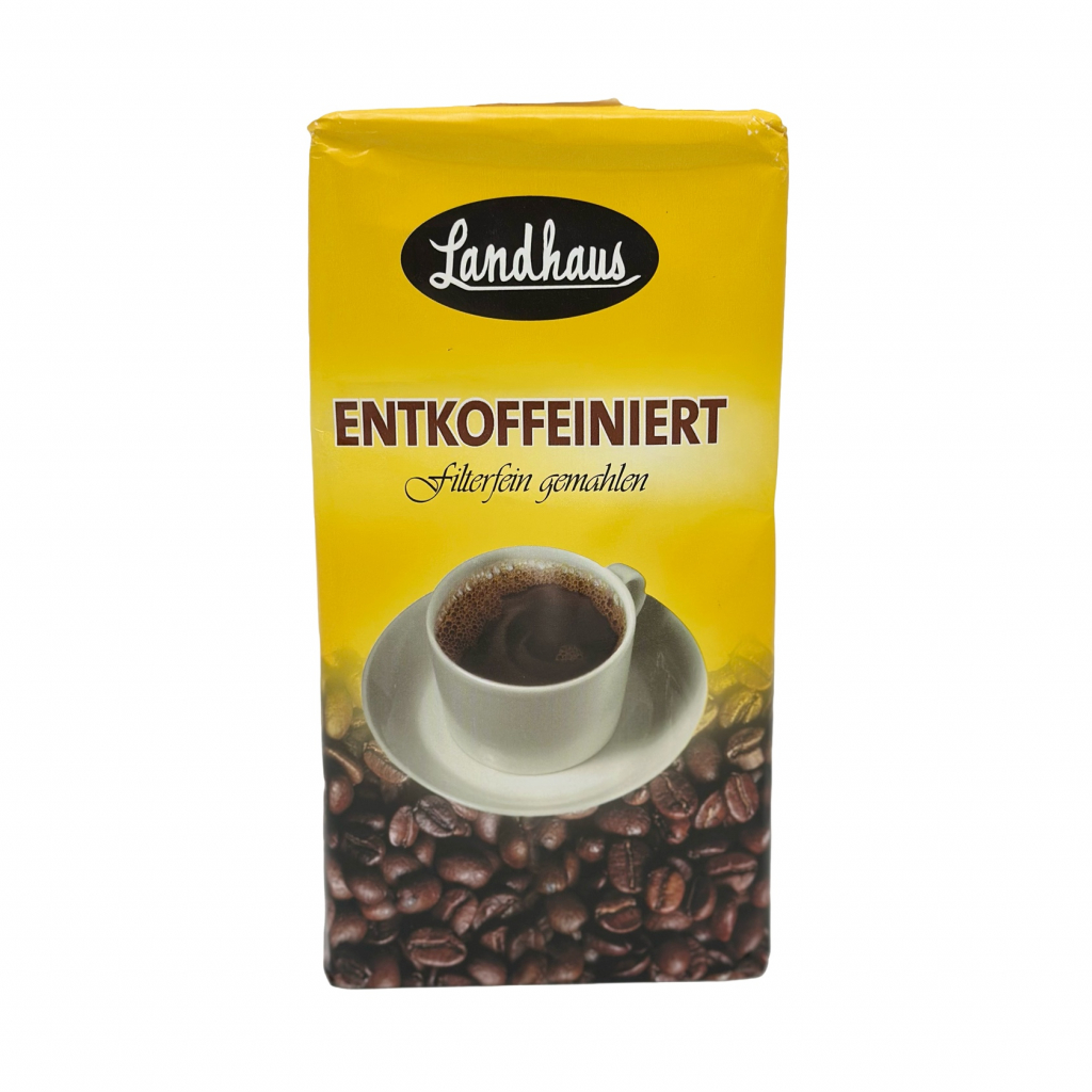 Voorkant van een 500 gram pak gemalen decaf filterkoffie van het merk Landhaus Entkoffeiniert caffeïnevrij