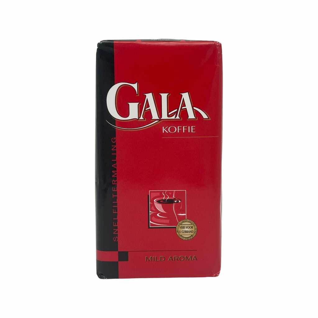 Voorkant van een 500 gram pak gemalen filterkoffie van het merk Gala Mild Aroma