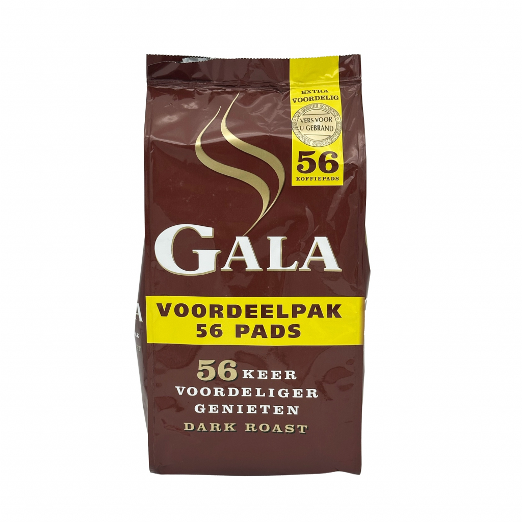 Voorkant van een zak koffie met 56 pads van het merk Gala Dark Roast