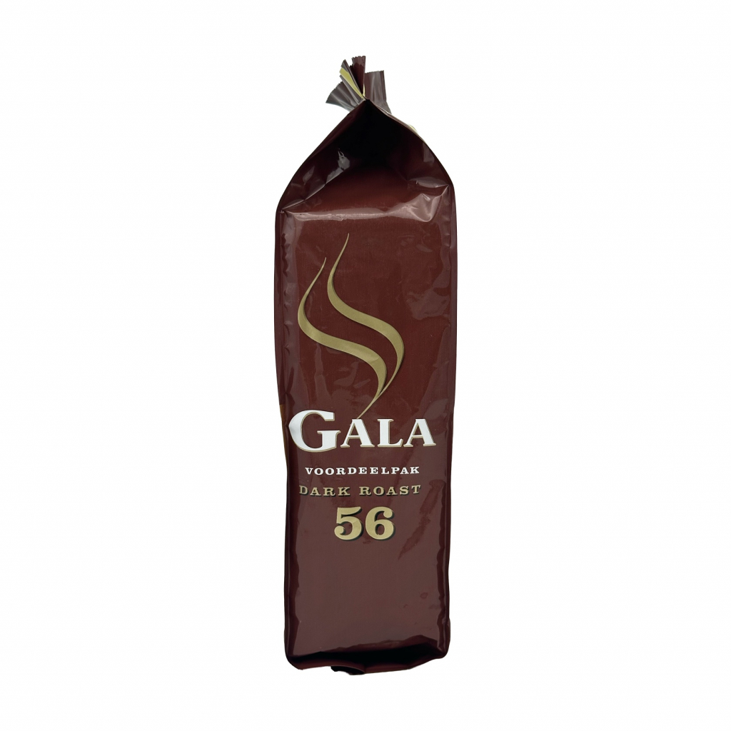 Zijkant van een zak koffie met 56 pads van het merk Gala Dark Roast