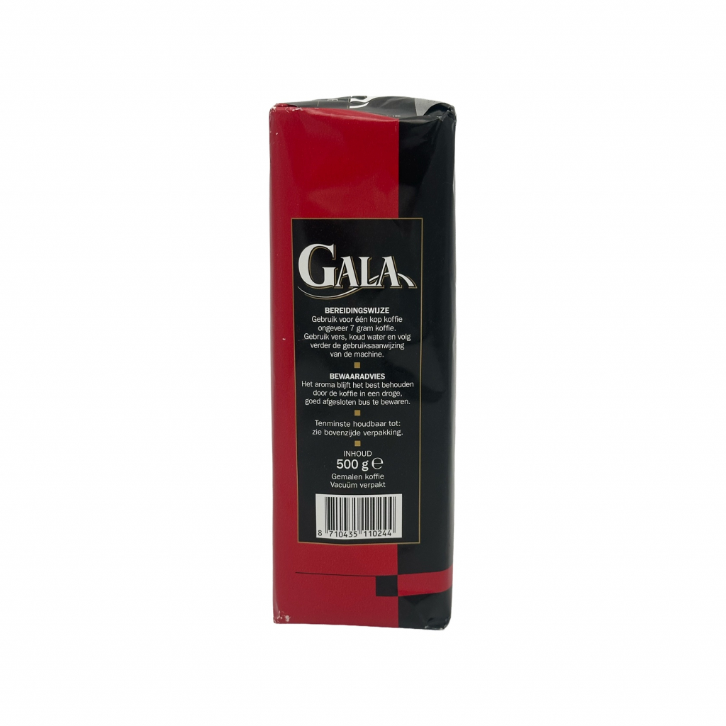 Linker zijkant van een 500 gram pak gemalen filterkoffie van het merk Gala Mild Aroma