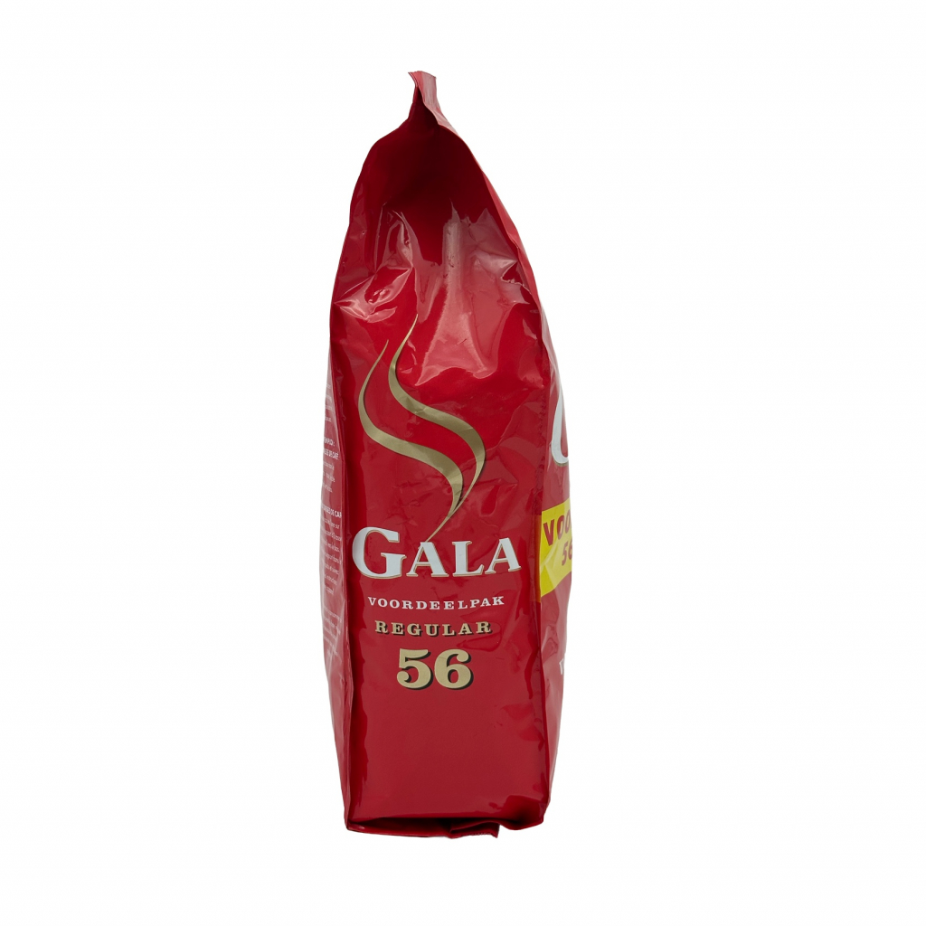 Zijkant van een zak koffie met 56 koffiepads van het merk Gala Regular