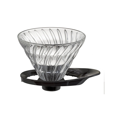 Hario V60 dripper – sklo s černým držákem, nový typ – velikost 02 (VDGR-02-B)