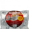 Close-up van de voorkant van de zak koffie met 108 pads van het merk Mega Crema Regular