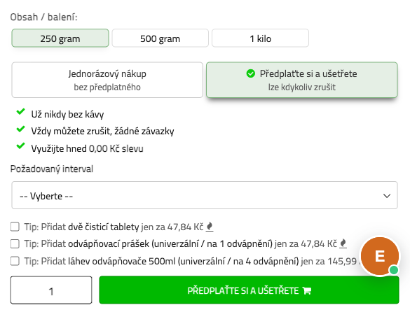 Ukázka nastavení kávového předplatného Café du Jour